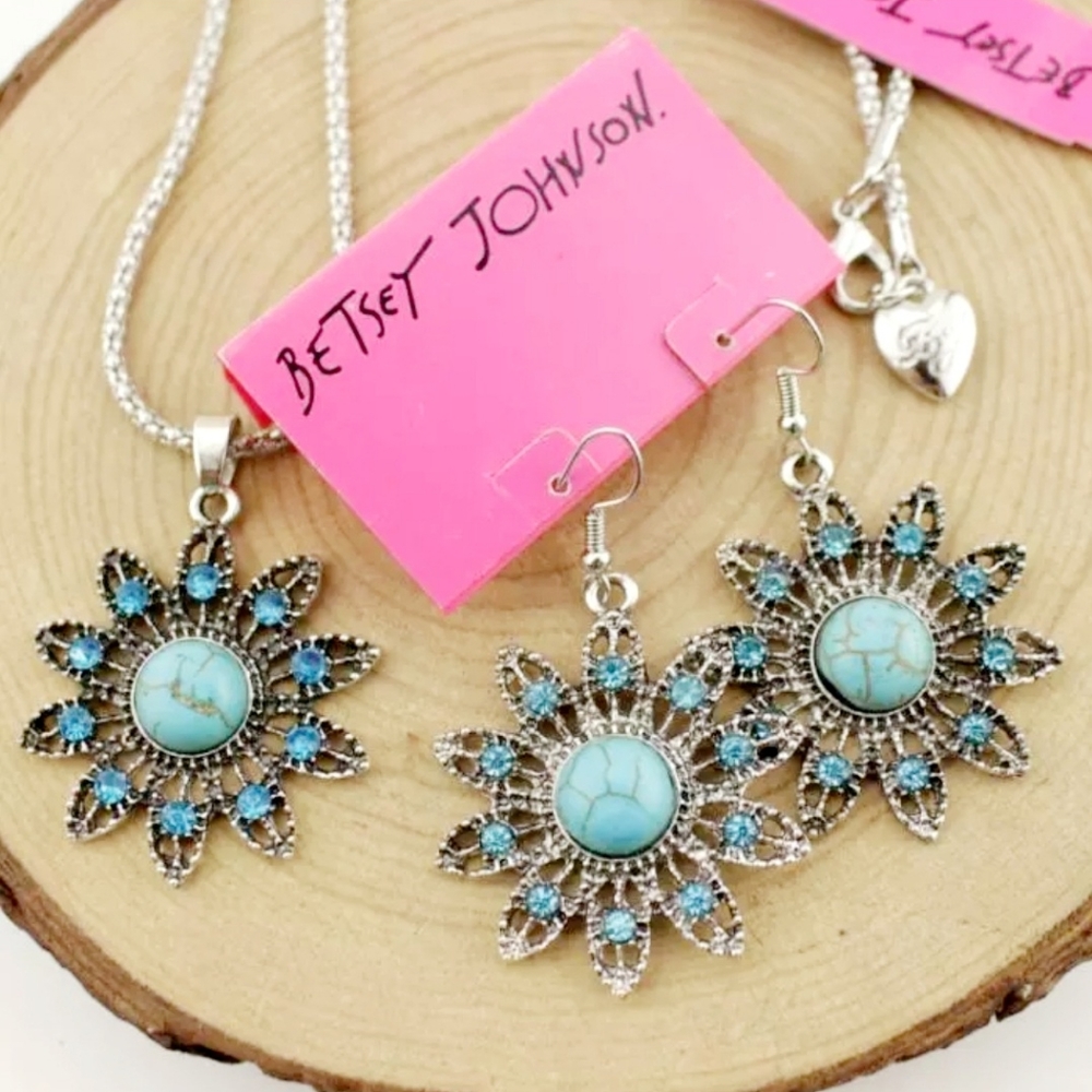 Silver plated Blue crystal turquoise stone flower jewelry set